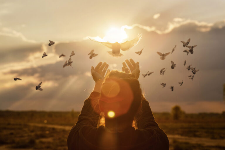 Doves,Fly,Into,The,Woman,Hands,Against,The,Background,Of